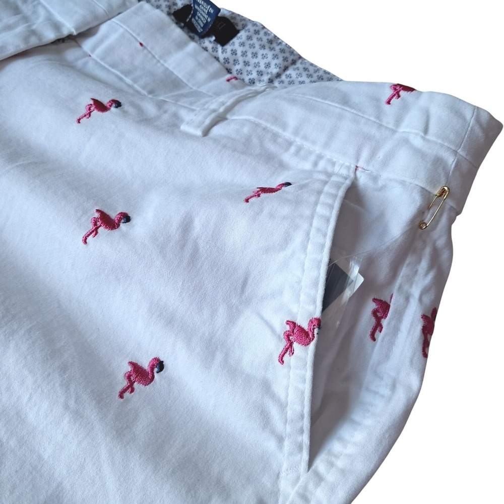 British Khaki Women White Flamingo Shorts Embroidered US Size 6 Cotton Spandex - Picture 5 of 7
